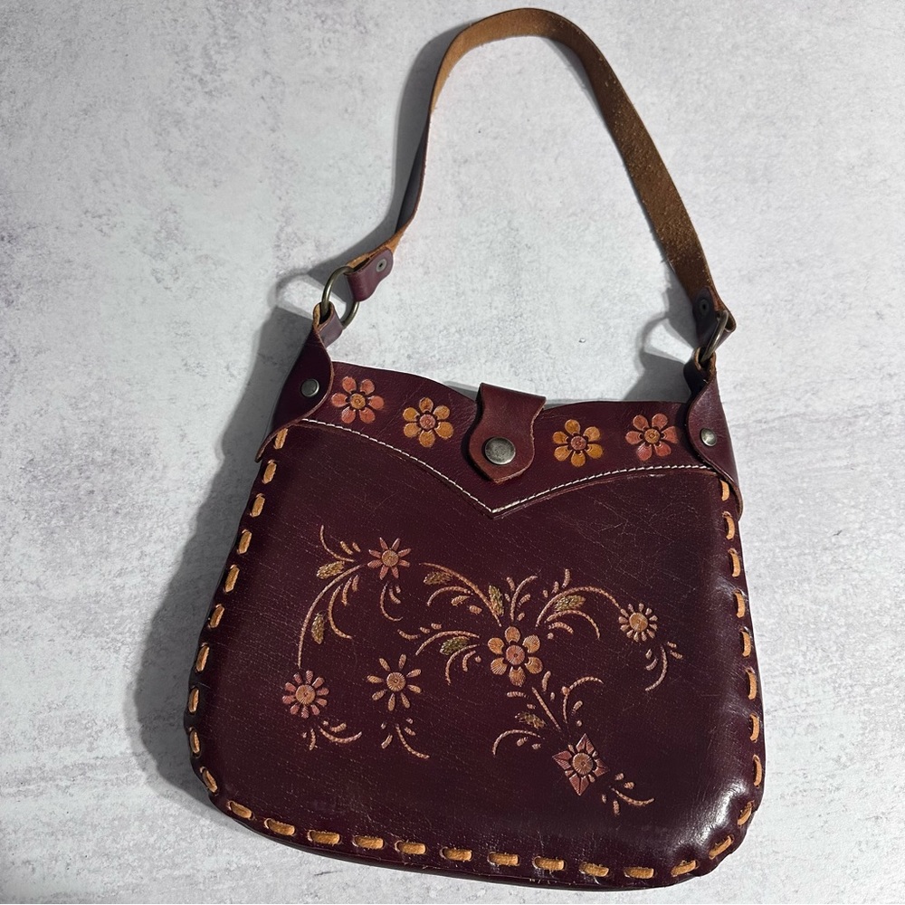 Vintage Brown Floral Handtooled Leather Boho Handbag